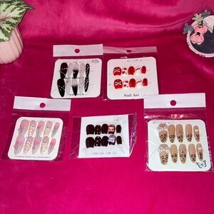 Stylish Press-On Nails Set - Black, Red, Pink, Tan